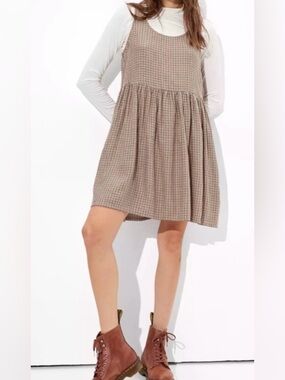 Plaid Babydoll Sleeveless Dress Pockets Brown Tan Neutral Academia Cottagecore